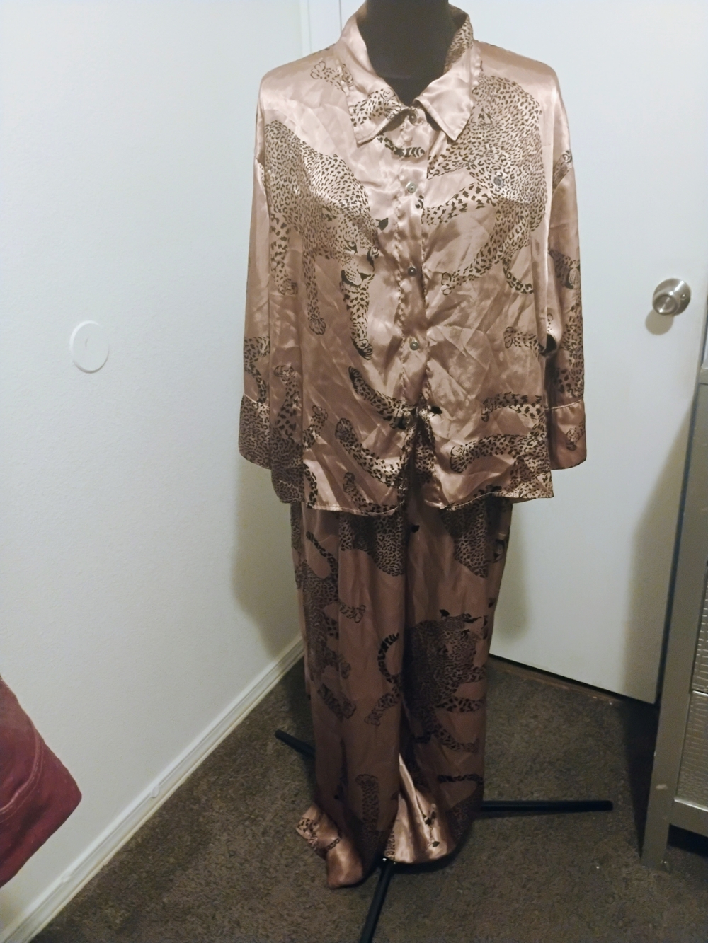 Satin Leopard-Print Pajama Set in Taupe